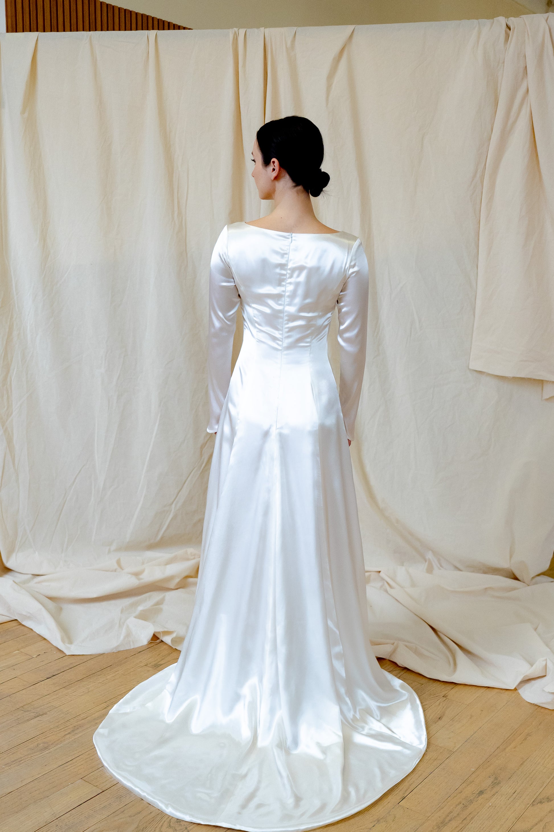 white satin dress canada Thalania Long White Satin Dress with Fitted Bodice and Pockets
